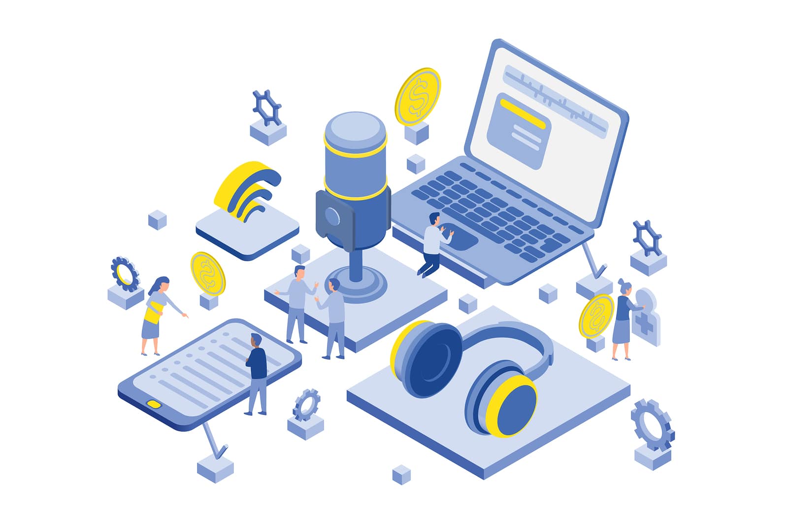 Online Training, Podcast, Radio. Podcast Concept Illustration. P Online training, podcast, radio. Podcast concept illustration. People working together for creating podcast. Isolated illustration